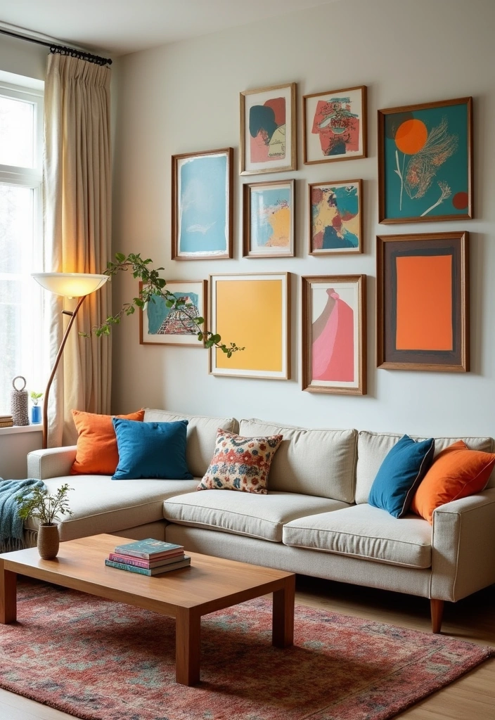 18 Stunning Colorful Mid Century Modern Living Room Designs That Will WOW Your Guests! - 8. Artistic Gallery Walls