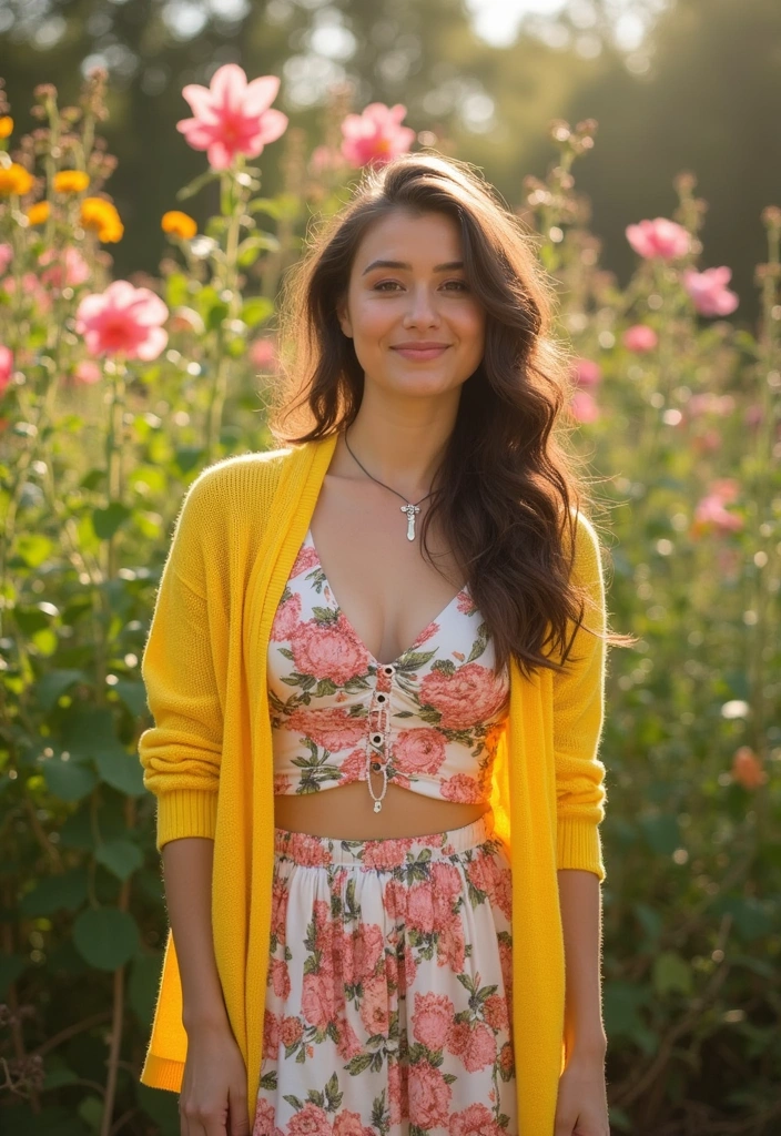 25 Gorgeous Date Night Skirt Outfits That Will Make You the Star of the Evening! - 15. Floral Skirt and Bright Cardigan
