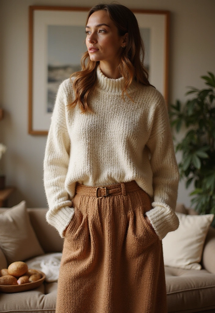 25 Gorgeous Date Night Skirt Outfits That Will Make You the Star of the Evening! - 17. Knit Midi Skirt and Oversized Sweater