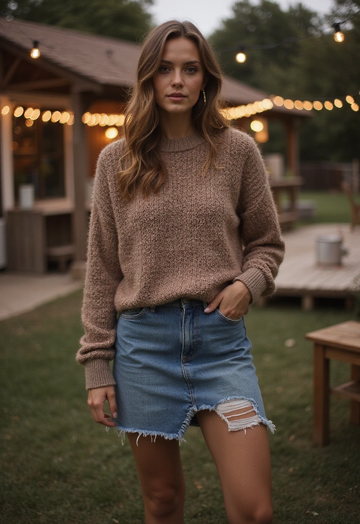 25 Gorgeous Date Night Skirt Outfits That Will Make You the Star of the Evening! - 23. Denim Skirt and Knit Sweater