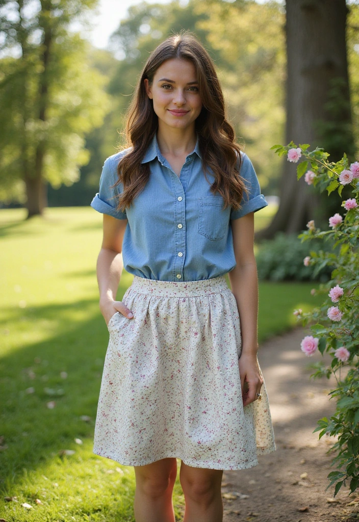 25 Gorgeous Date Night Skirt Outfits That Will Make You the Star of the Evening! - 25. Printed Skirt and Button-Up Chambray Shirt
