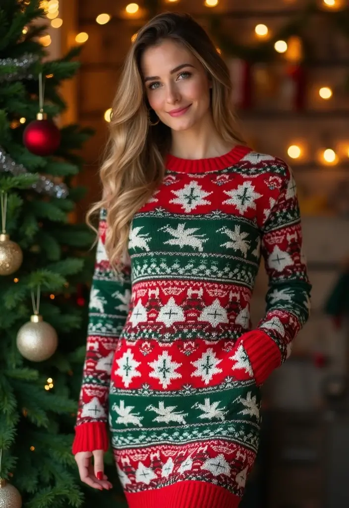 15 Christmas Outfit Ideas That Sparkle Without Breaking a Sweat! - 10. Fun Christmas Sweater Dress