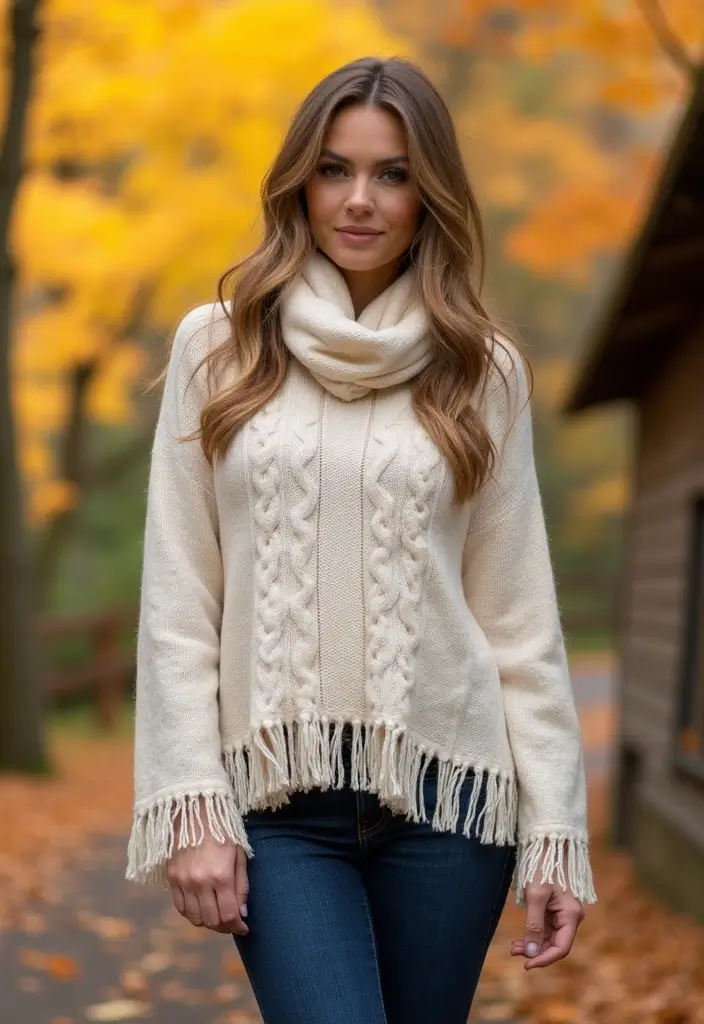 21 Trendy and Cozy Thanksgiving Outfit Inspirations You’ll Adore! - 11. Soft Wool Blend Poncho with Fitted Jeans