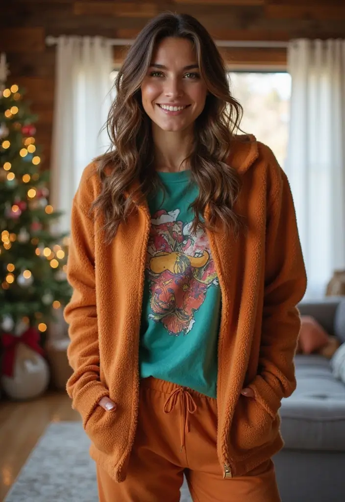 21 Trendy and Cozy Thanksgiving Outfit Inspirations You’ll Adore! - 15. Cozy Fleece Jacket with a Graphic Tee and Joggers