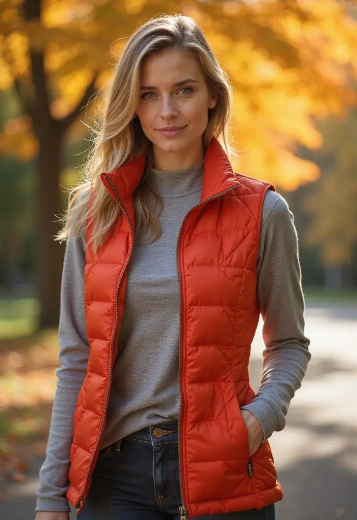 21 Trendy and Cozy Thanksgiving Outfit Inspirations You’ll Adore! - 20. Quilted Vest over a Long Sleeve Tee