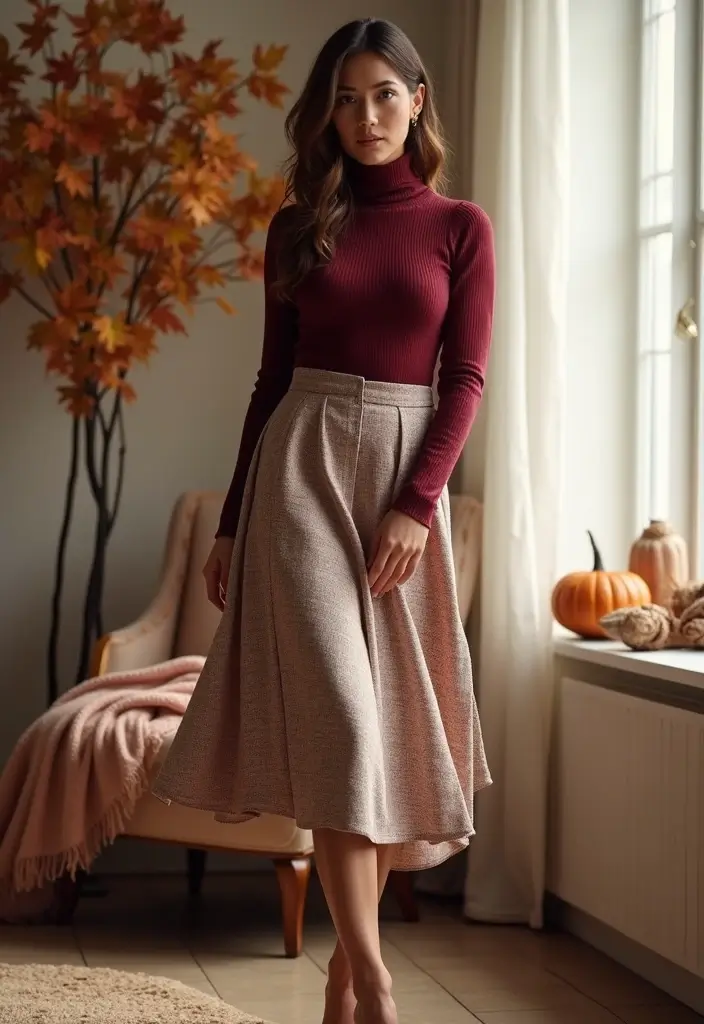 21 Trendy and Cozy Thanksgiving Outfit Inspirations You’ll Adore! - 4. Stylish Midi Skirt with a Turtleneck