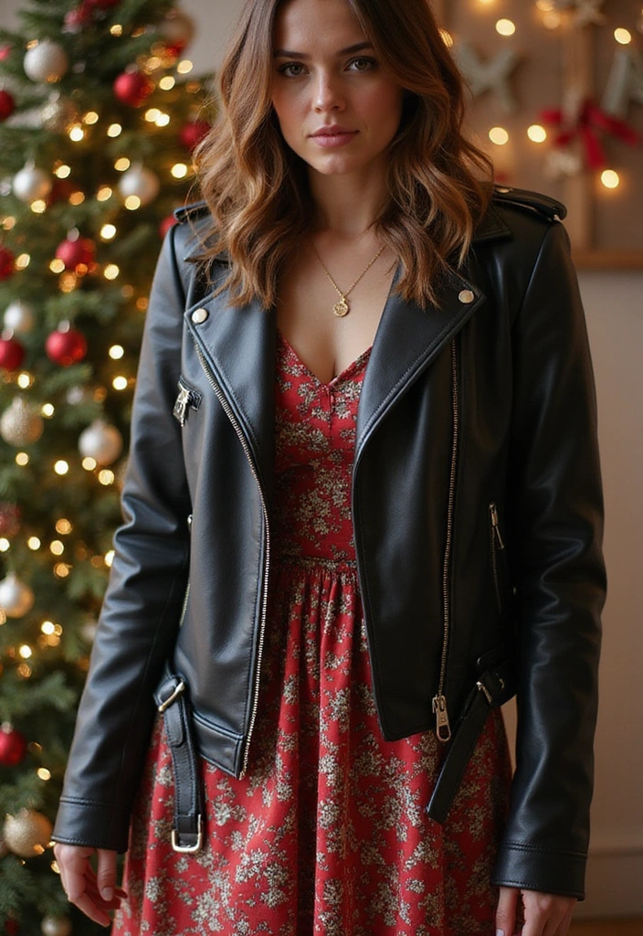 25 Stylish and Comfortable Christmas Fashion Outfits You Can’t Miss! - 10. Edgy Leather Jacket with Dress