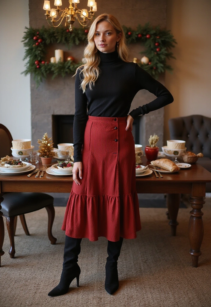 25 Stylish and Comfortable Christmas Fashion Outfits You Can’t Miss! - 5. Turtleneck and Skirt Combo