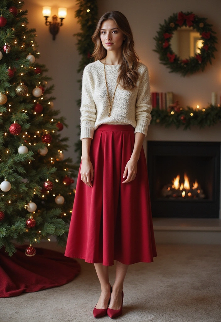25 Stylish and Comfortable Christmas Fashion Outfits You Can’t Miss! - 9. Elegant Midi Skirt with Sweater