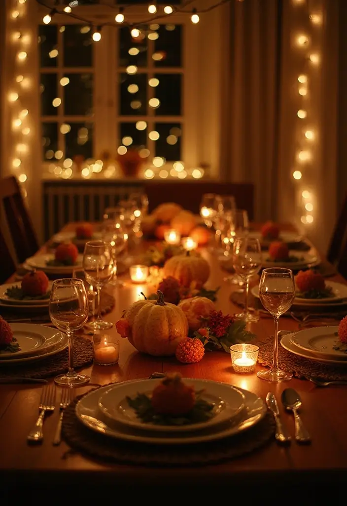 15 Genius Thanksgiving Table Decor Ideas You Can Steal From Fall Weddings - 12. String Lights for Warmth