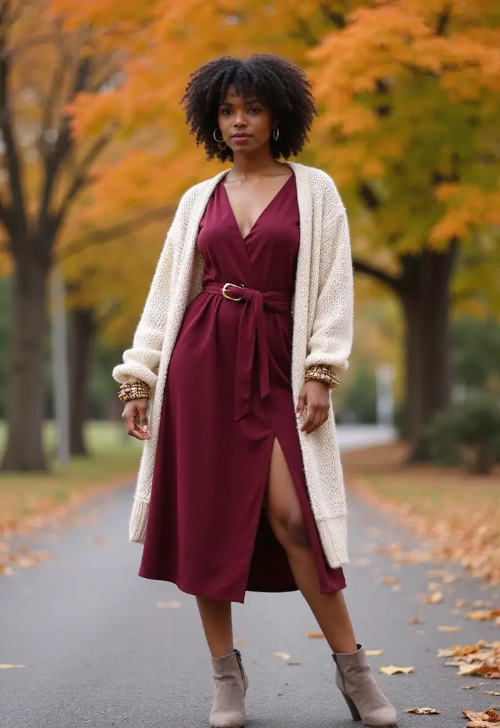 40 Stylish Outfits for Black Women This Fall That You’ll Absolutely Love! - 14. Long Cardigans with Belted Midi Dresses