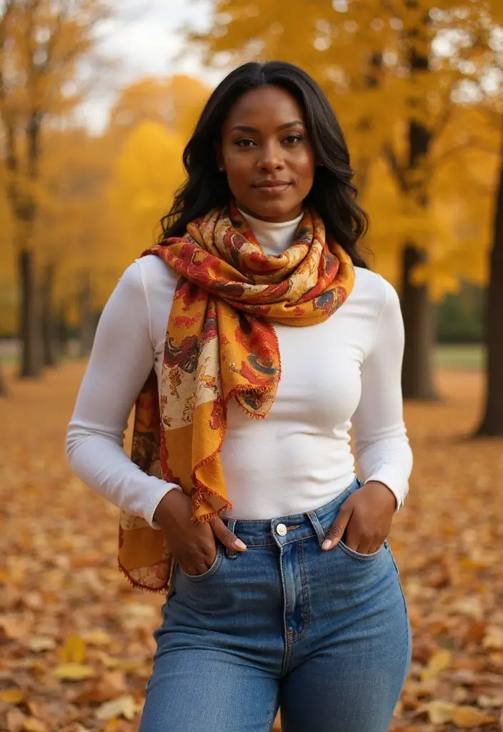 40 Stylish Outfits for Black Women This Fall That You’ll Absolutely Love! - 24. Colorful Scarves with Simple Outfits