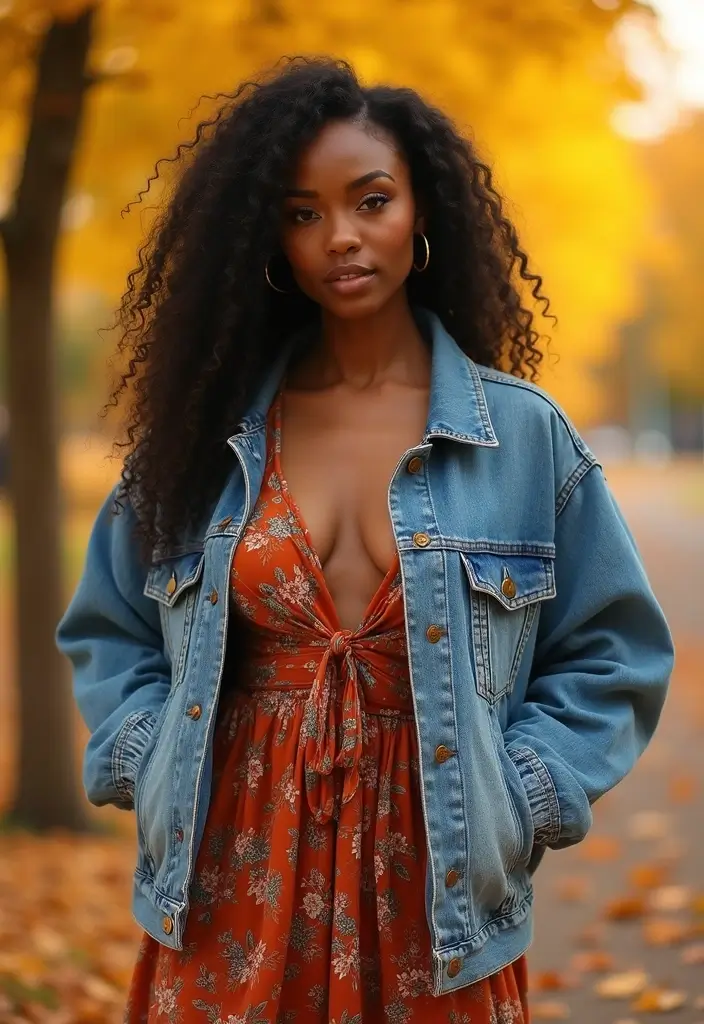 40 Stylish Outfits for Black Women This Fall That You’ll Absolutely Love! - 8. Oversized Denim Jackets with Floral Dresses