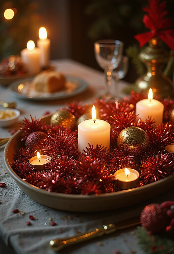 50 Stunning Christmas Centerpiece Ideas You Can Create This Holiday Season! - 16. Sparkly Tinsel Centerpiece