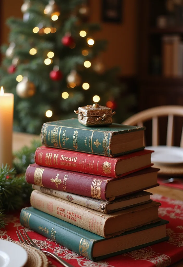 50 Stunning Christmas Centerpiece Ideas You Can Create This Holiday Season! - 26. Themed Vintage Books Display