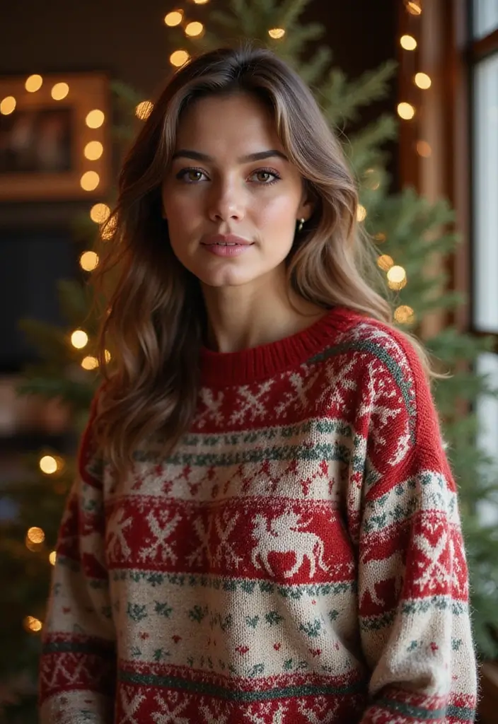 Unleash Your Inner Fashionista with These 35 Glam Christmas Work Party Outfit Ideas! - 13. Holiday-Themed Sweater