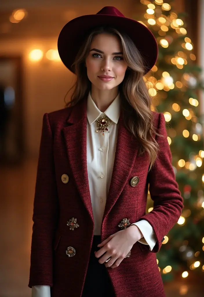 Unleash Your Inner Fashionista with These 35 Glam Christmas Work Party Outfit Ideas! - 15. Holiday Blazer with Brooch