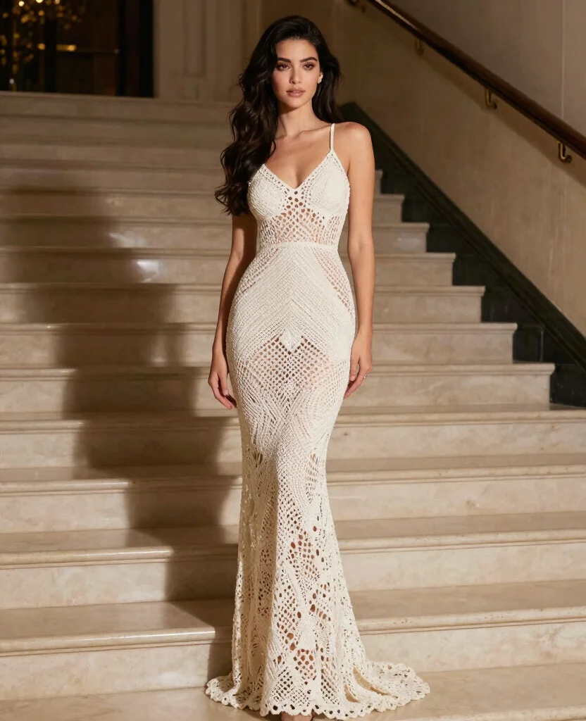 18 Stunning Crochet Knit Dresses That Will Make You the Center of Attention! - 7. Elegant Evening Gown