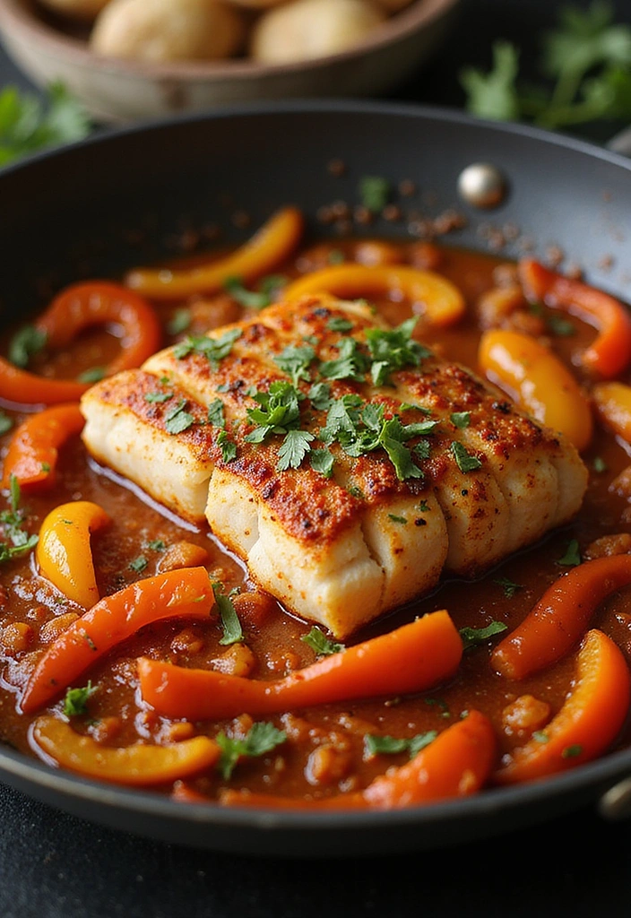 22 Tasty Pan Seared Mediterranean Cod Recipes That’ll Impress Your Guests! - 3. Spicy Harissa Cod with Bell Peppers