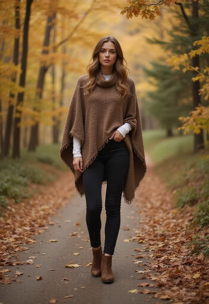 35 Fall Winter Outfit Ideas That Will Turn Heads (You Won't Believe #10!) - 17. Stylish Poncho with Fitted Pants