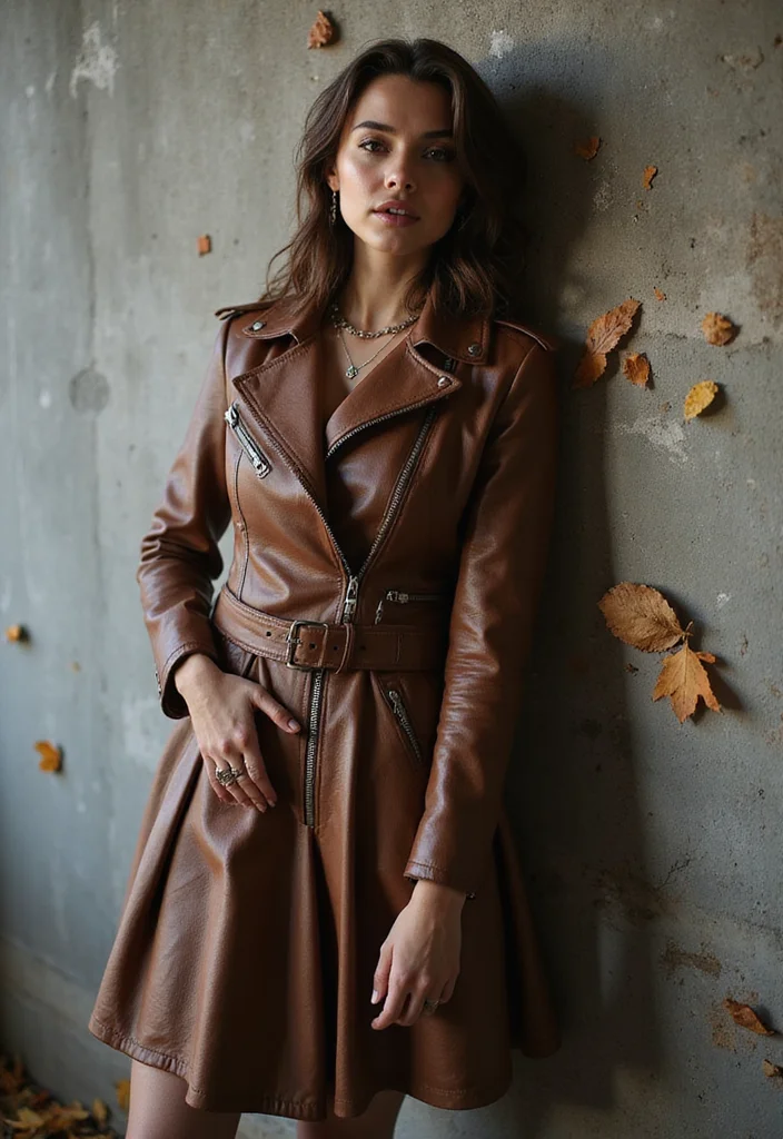 35 Fall Winter Outfit Ideas That Will Turn Heads (You Won't Believe #10!) - 5. Brown Leather Jacket and A-Line Skirt