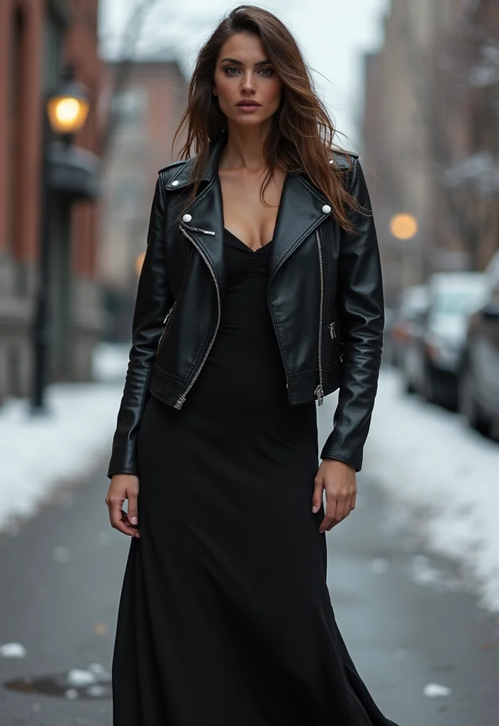 42 European Winter Outfits You'll Want to Copy This Season (Wait Until You See #12!) - 7. Edgy Leather: Biker Jackets and Maxi Dresses