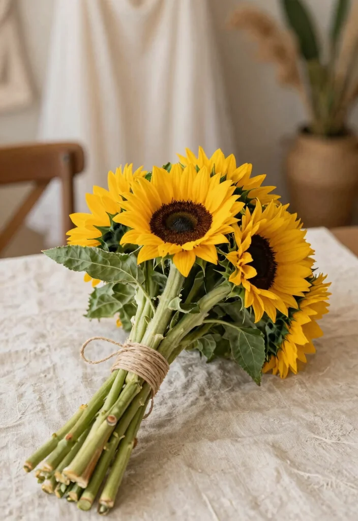 12 Breathtaking Sunflower Bouquets for Your Perfect Wedding Day (Wait Until You See #9!) - 12. Hand-Tied Sunflower Bouquet for the Boho Bride 1