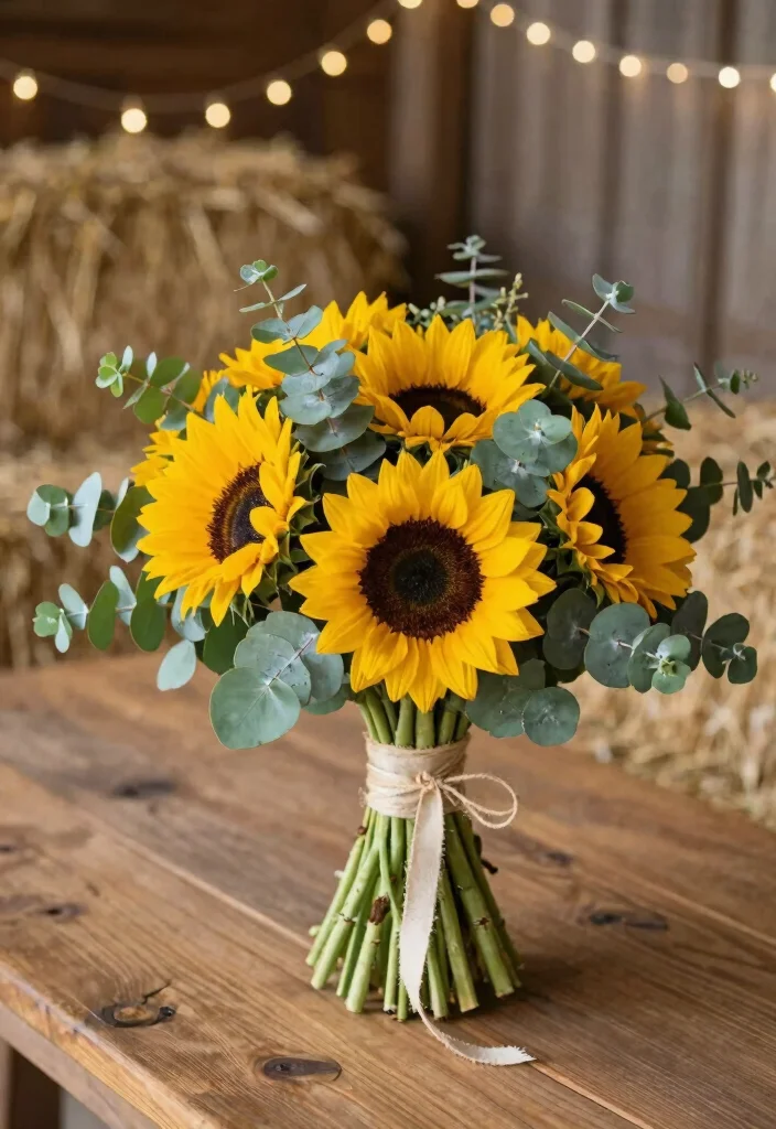 12 Breathtaking Sunflower Bouquets for Your Perfect Wedding Day (Wait Until You See #9!) - 3. Rustic Sunflower Bouquet with Eucalyptus 1