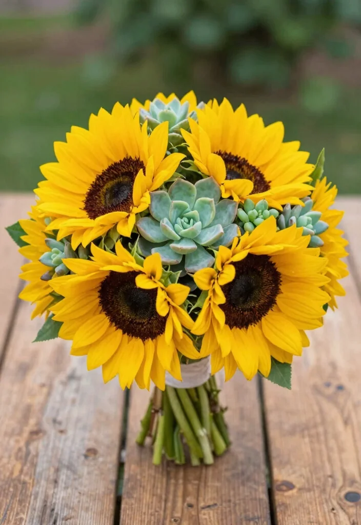 12 Breathtaking Sunflower Bouquets for Your Perfect Wedding Day (Wait Until You See #9!) - 8. Sunflower and Succulent Bouquet 1