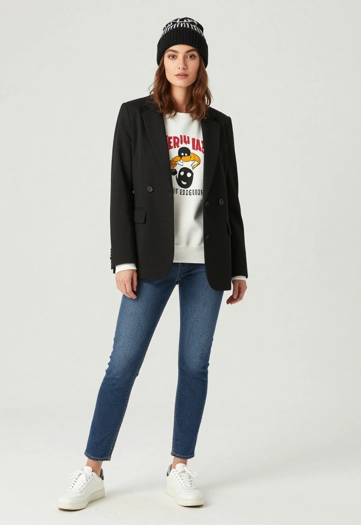 18 Outfits Built Around Your Favorite Blazer That Will Turn Heads! - 17. Layer with a Graphic Sweatshirt 1
