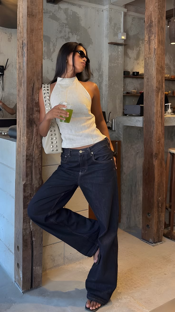 12 Trendy Miami Outfit Ideas That Will Turn Heads (Guess What #12 Is!) - 2. Casual Cool: Halter Top & Wide-Leg Jeans 1