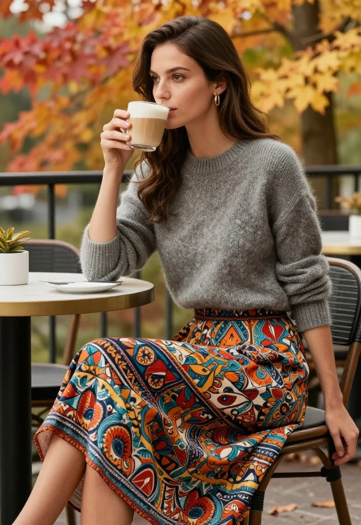 20 Cozy Chic Casual Fall Outfits Every Woman Needs to Try This Season! - 10. Printed Midi Skirt & Cozy Pullover 1