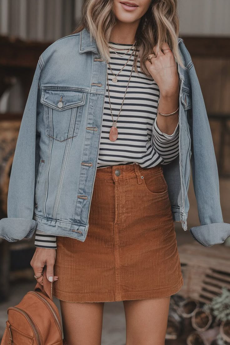 20 Weekend Fall Outfit Ideas That Will Make You the Style Icon of Your Crew! - Denim Jacket Over a Striped Top 1