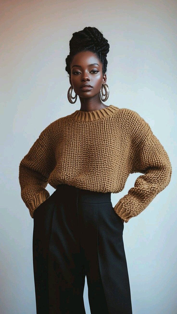 The Ultimate Business Attire Guide: 20 Outfits to Impress in the Office! - Business Meets Comfort: The Sweater and Wide-Leg Trousers 1