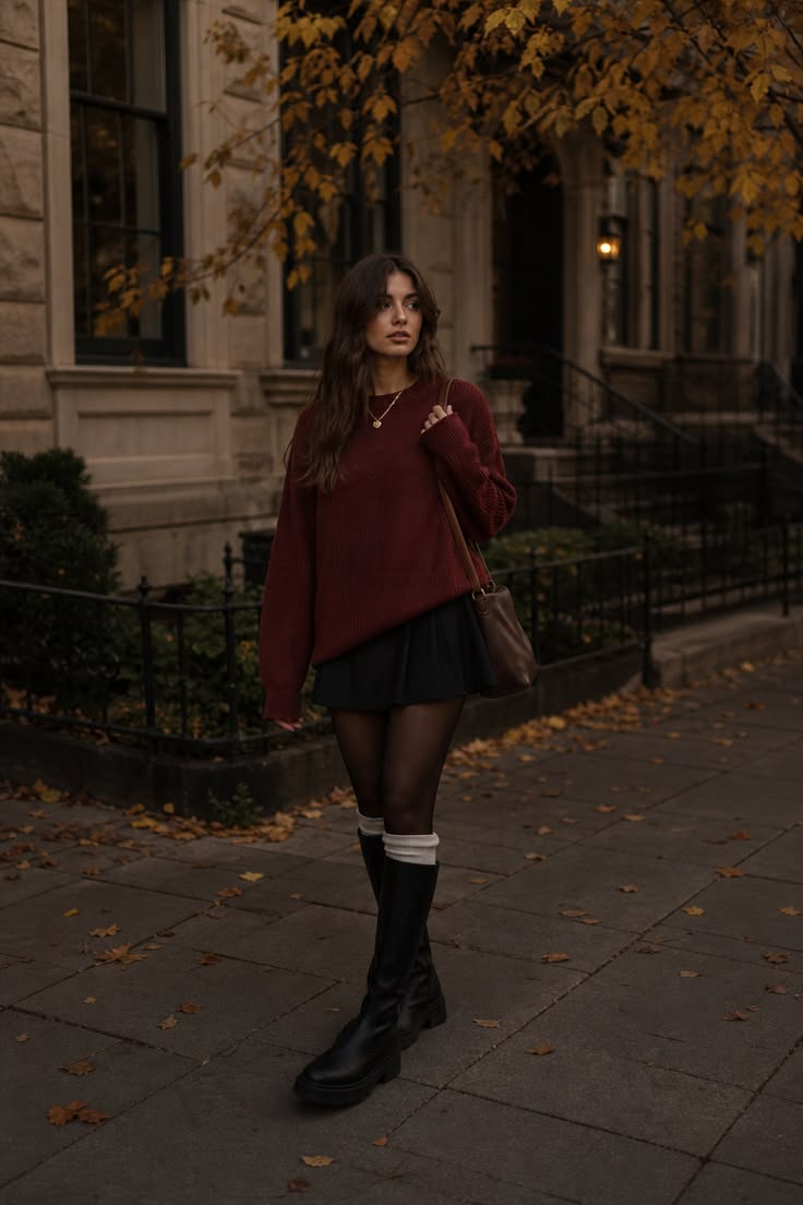 20 Petite-Friendly Fall Outfits That Will Make You Look Taller (You Won't Believe #7!) - Chunky Knit & Mini Skirt Combo 1