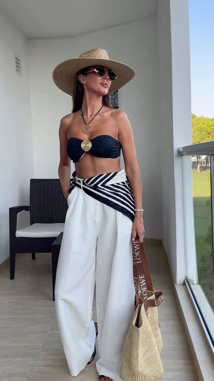 20 Poolside Outfit Ideas Beyond the Bikini - Wide-Leg Pants with a Twist 1