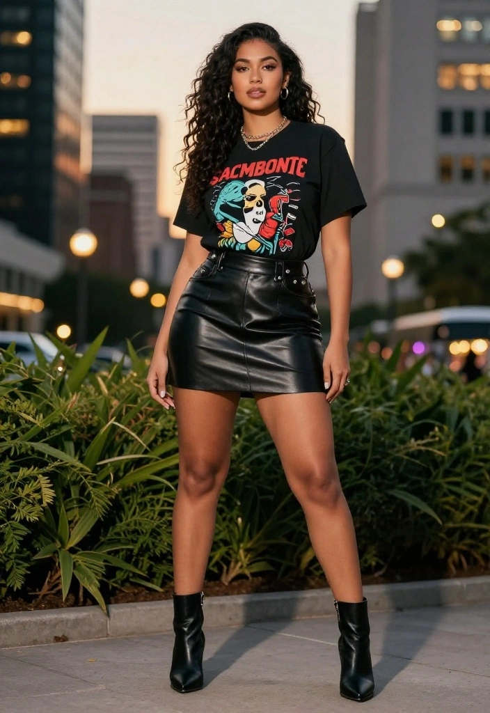 20 Summer Date Night Outfits: Stylish and Romantic Looks for Every Occasion - 12. Edgy Leather Skirt and Graphic Tee 1