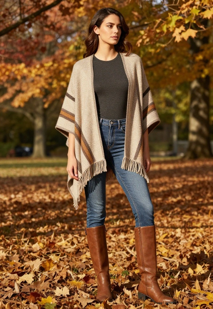 20 Casual Fall Outfits with Jeans That Will Make You Look Effortlessly Chic! - 11. Stylish Poncho with Leggings and Jeans 1