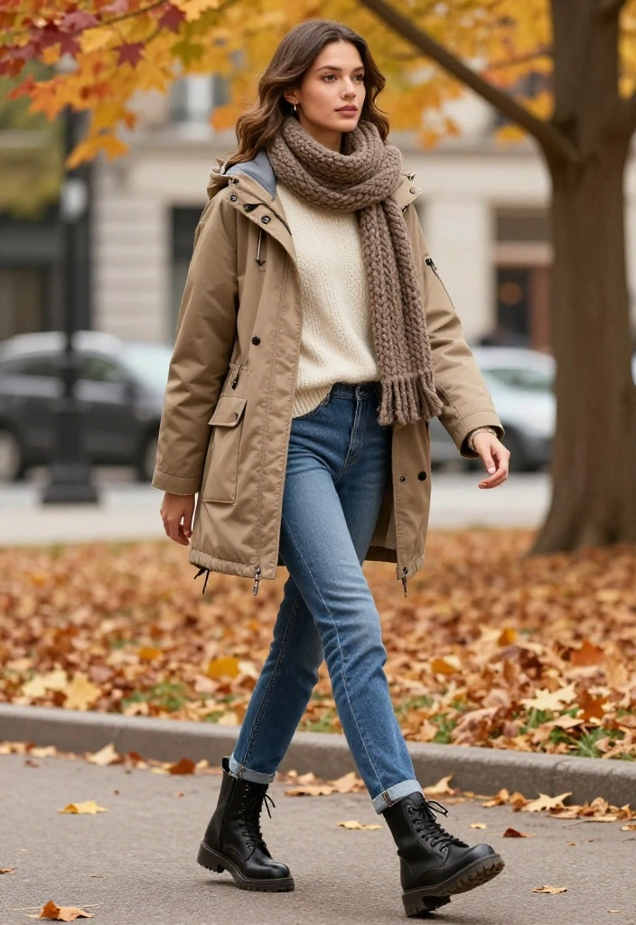 20 Casual Fall Outfits with Jeans That Will Make You Look Effortlessly Chic! - 12. Trendy Parka with Scarf and Jeans 1