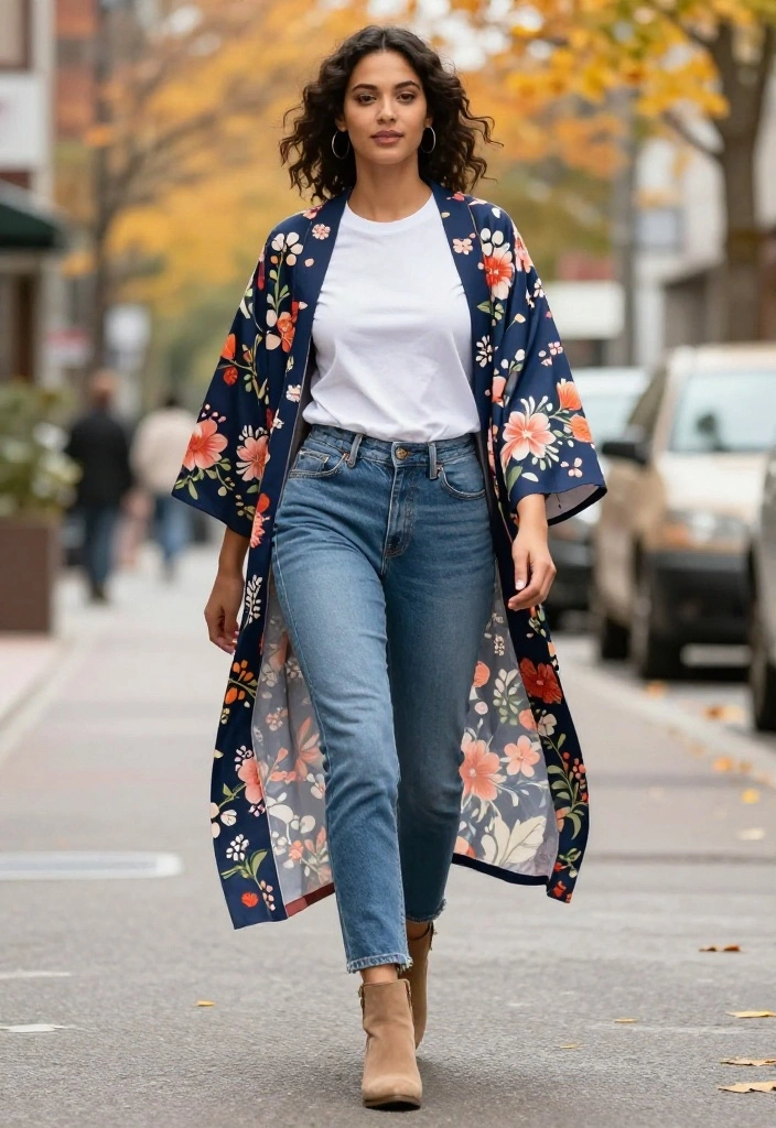 20 Casual Fall Outfits with Jeans That Will Make You Look Effortlessly Chic! - 13. Floral Kimono with a Simple Tee and Jeans 1