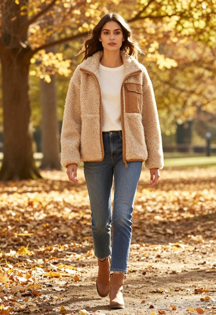 20 Casual Fall Outfits with Jeans That Will Make You Look Effortlessly Chic! - 17. Fleece-Lined Jacket with Casual Tee and Jeans 1