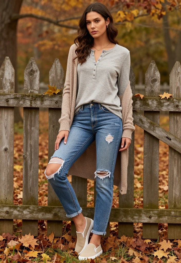 20 Casual Fall Outfits with Jeans That Will Make You Look Effortlessly Chic! - 6. Layered Henley with Distressed Jeans 1
