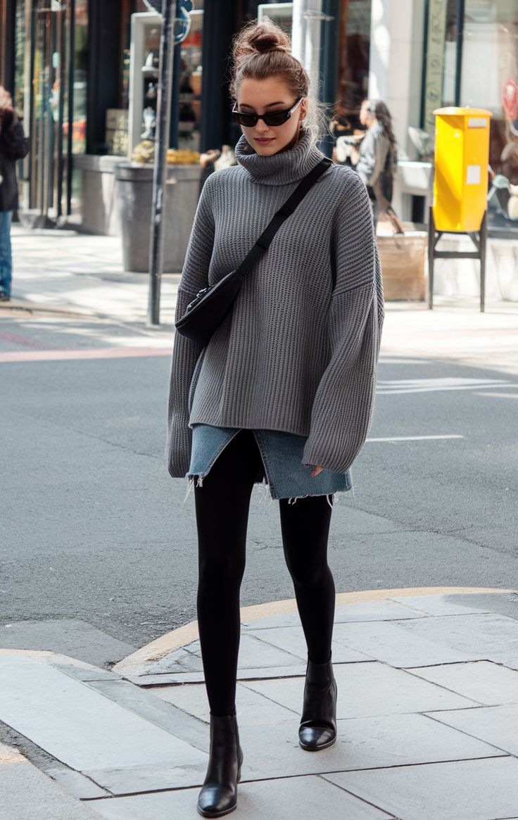 20 Outfit Inspirations: Skirt and Leggings Combinations That Will Wow Everyone! - Cozy Sweater Dress with Denim Skirt 1