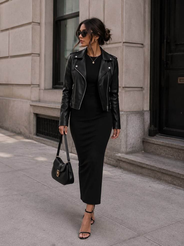 20 Bodycon and Leather Jacket Fall Outfits That Nail the Perfect Layered Look - 13. Black Midi with Bare Sandals for Early Fall 1
