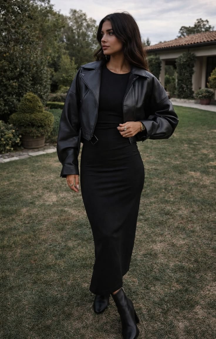 20 Bodycon and Leather Jacket Fall Outfits That Nail the Perfect Layered Look - 14. Garden-Party Black Maxi with an Oversized Jacket 1