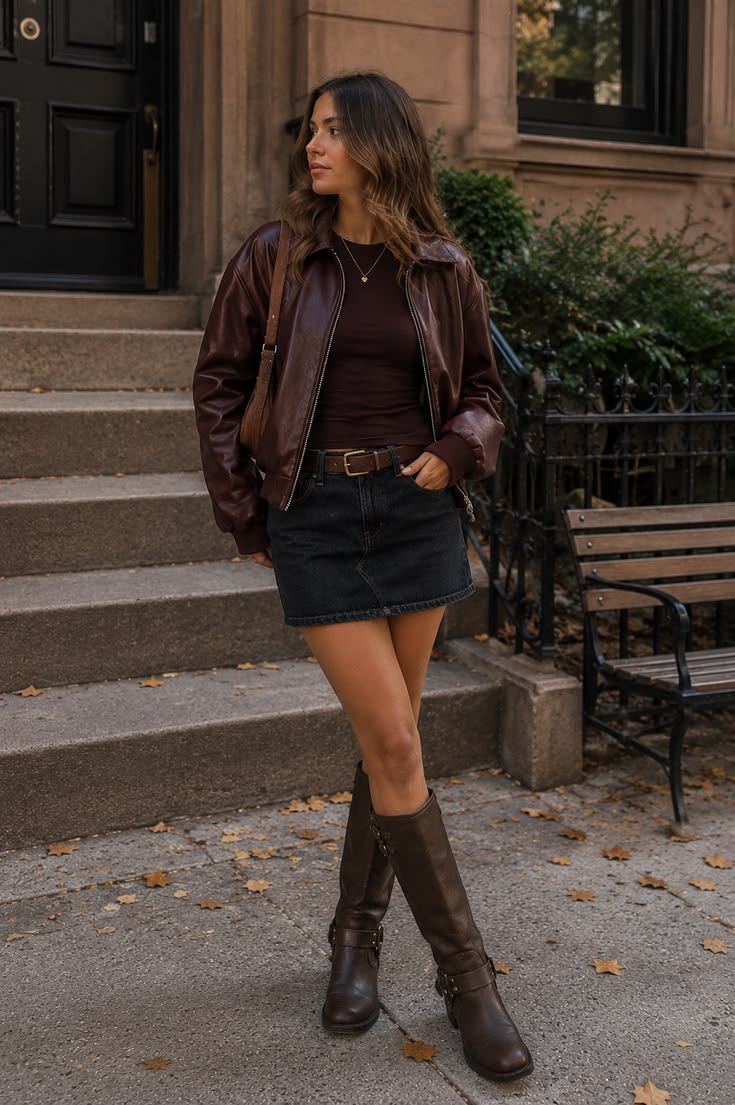 20 Bodycon and Leather Jacket Fall Outfits That Nail the Perfect Layered Look - 19. Chocolate Bomber Jacket with a Denim Mini 1