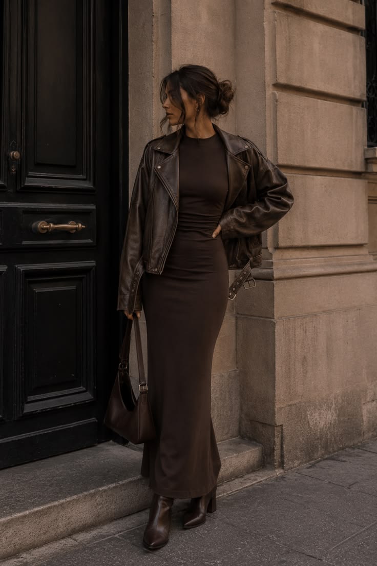 20 Bodycon and Leather Jacket Fall Outfits That Nail the Perfect Layered Look - 3. Chocolate Column Dress with Tonal Leather 1