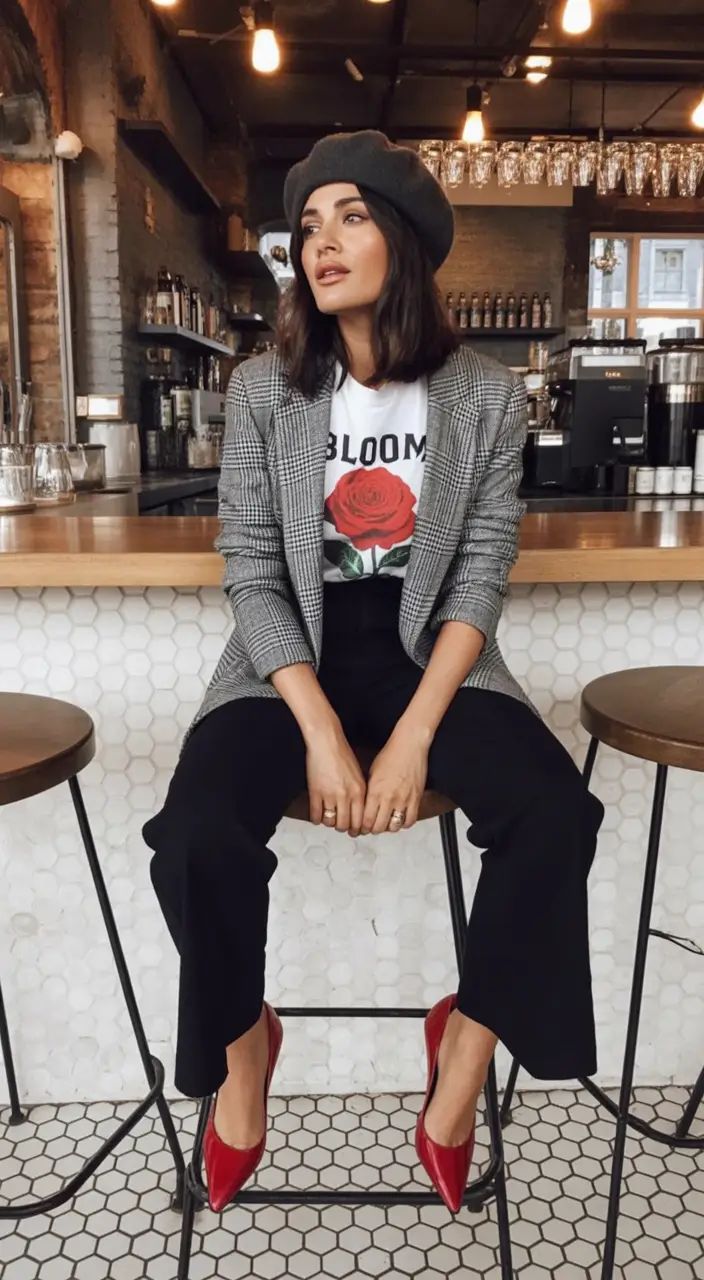 20 Casual Blazer Outfits That Make Everyday Style Look Instantly Chic - 1. Plaid Blazer, Rose Tee, and Red Heels 1