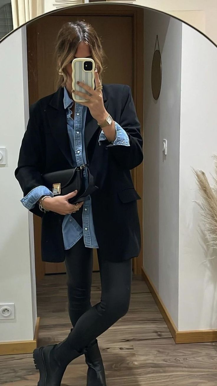 20 Casual Blazer Outfits That Make Everyday Style Look Instantly Chic - 10. Black Blazer and Denim Shirt with All-Black Denim 1