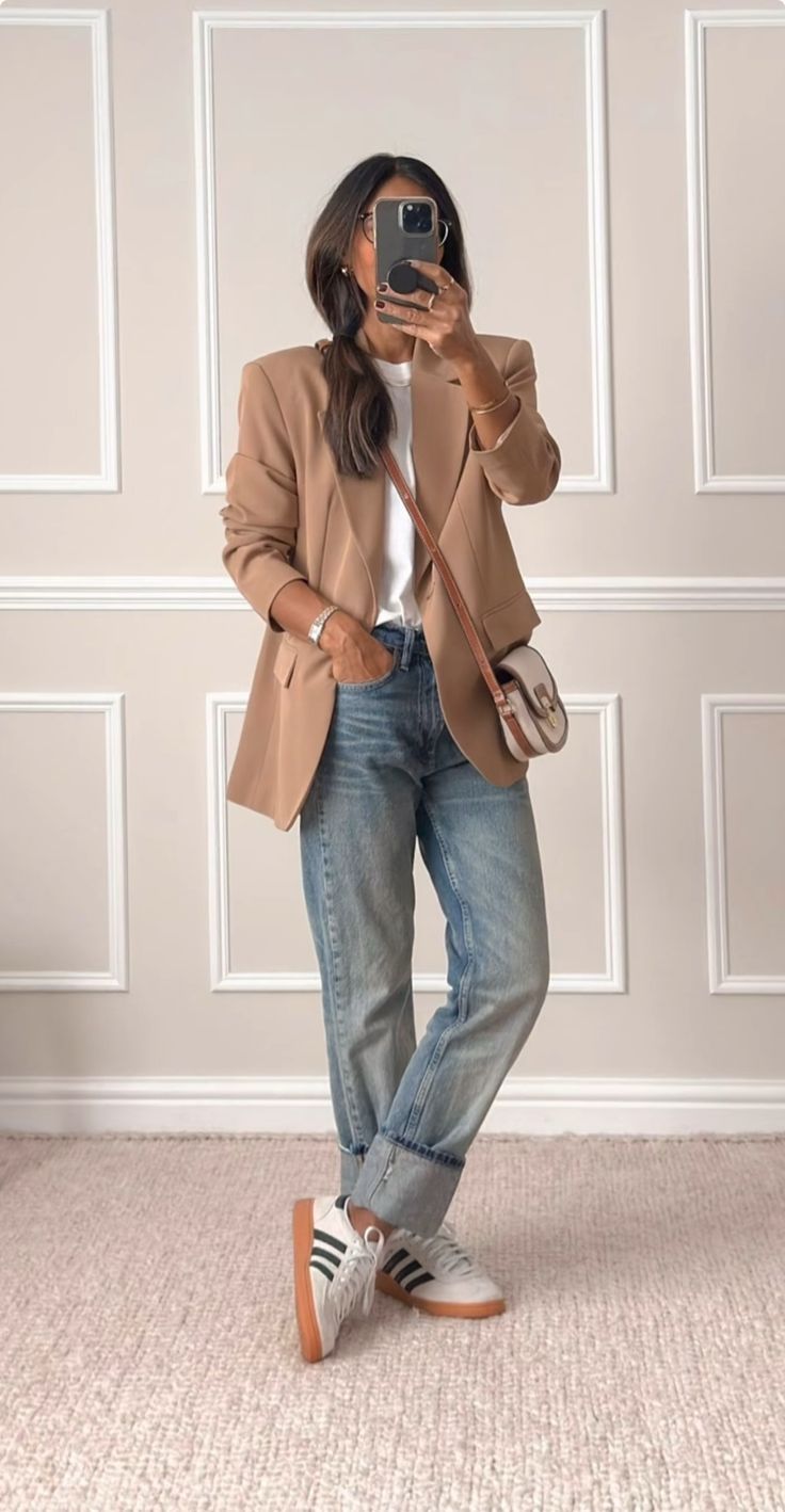 20 Casual Blazer Outfits That Make Everyday Style Look Instantly Chic - 14. Camel Blazer and Retro Sneakers 1